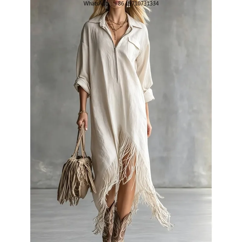 Women Linen Shirt Midi Dress Lapel Half Zip Long Sleeve Pocket Asymmetric Fringe Hem Loose Casual Vacation Dress