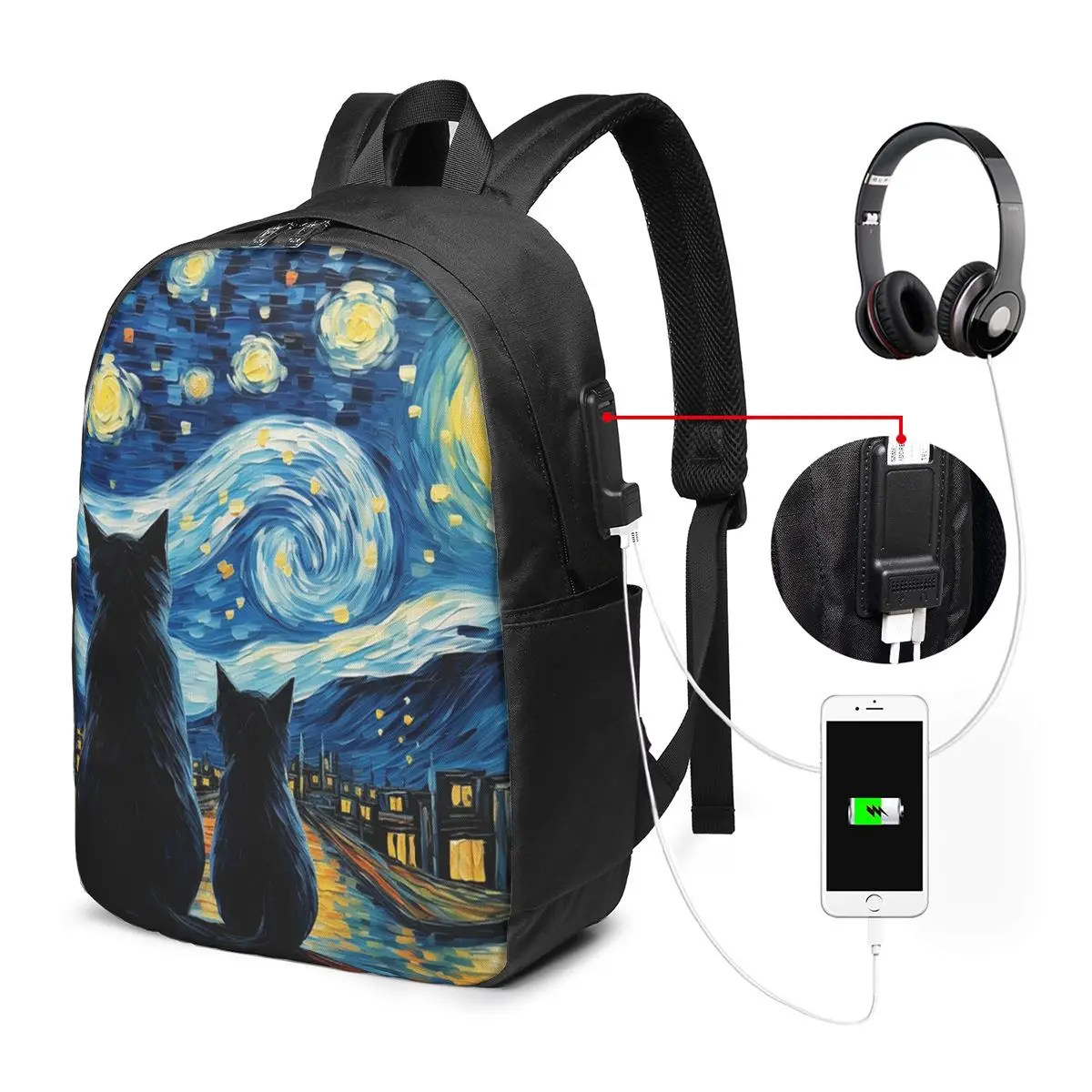 Van Gogh Inspired Starry Night Cat Backpack Travel Notebook Bag Computer College Student School Bag Laptop Shoulder Bags