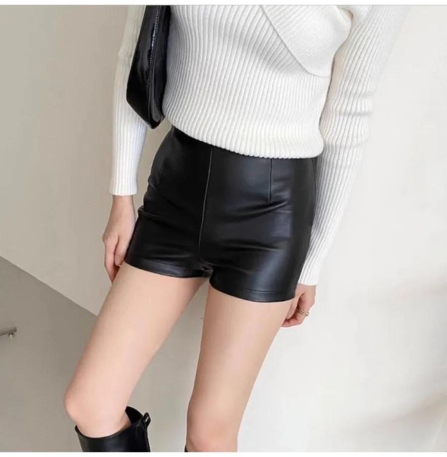 PU Tight Leather Shorts Black Women's Clothing 2023 Autumn Winter Thin Slim High Waist Short Pants Sexy Bottoming Female