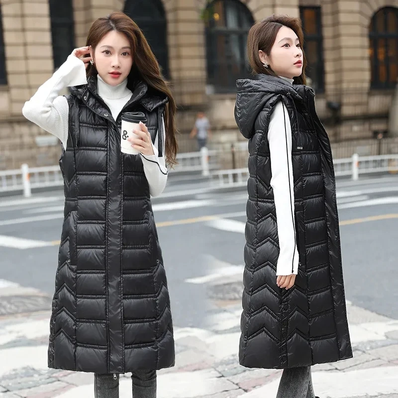 

2024 New Korean Vests Sleeveless Coat Women Autumn Winter Hooded Cotton Waistcoat Puffer Parkas Long Warm Down Cotton Outwear