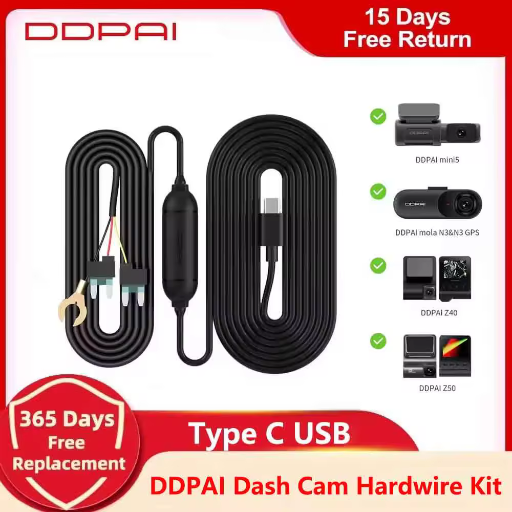ערכת תקליטור DVR לרכב DDPAI עבור DDPAI Mini5/Z40/Z50/N3 Pro/N5 Dual/MINI 2X/Z60 Pro הגנה מפני מתח נמוך יציאת Type-C 12V-24V