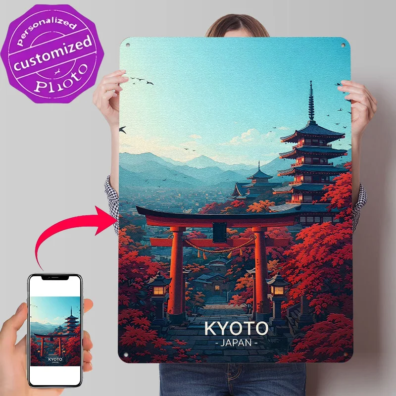 Kyoto Japan Torii Gate Pagoda Autumn Personalized 3D Textured Metal Poster Wall Art Tinplate Sign for Funny Signs Custom Plate