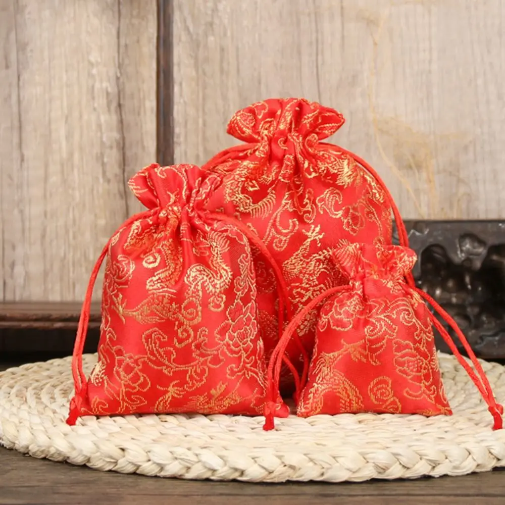 Dragon Embroidery Flower Drawstring Bag Storage Bag Large Capacity Canvas Flower Handbag Ethnic Style Hanfu Wrist Bag