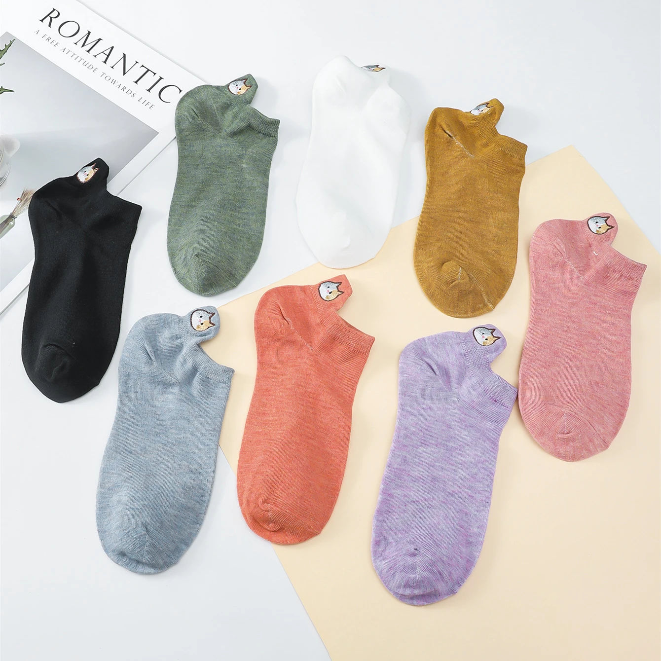 8 Pairs/Pack Women Floral Cat Embroidery Cute Cartoon Socks Spring Summer Thin Breathable Ankle Cotton Socks Set