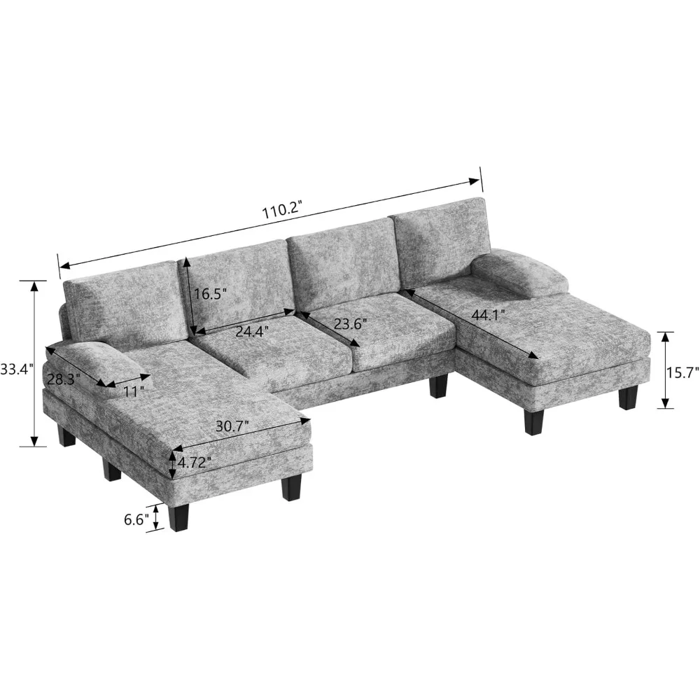 Convertible Sectional Sofa, 4 Seat Sofa Set for Living Room with Throw Pillows, U-Shaped Modern Minimalist Fabric Modular Sofa