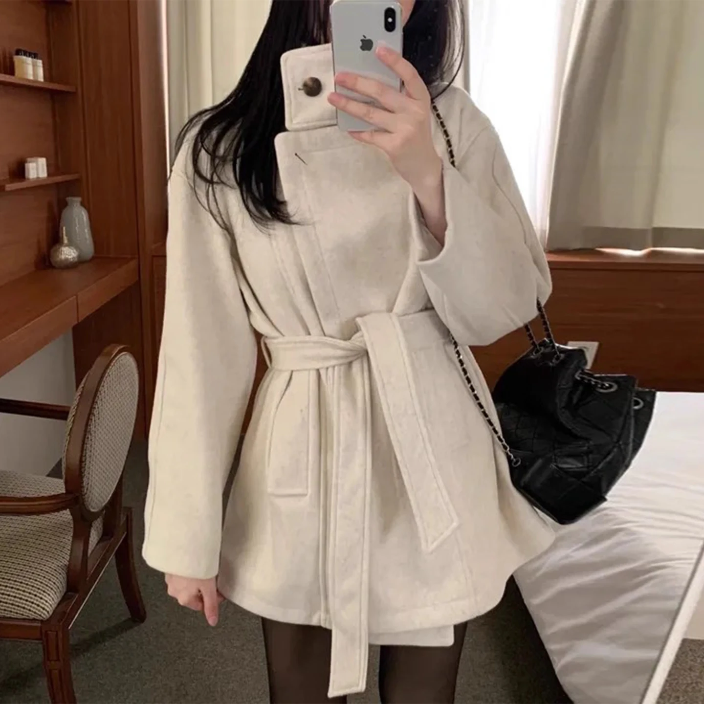 

Gagarich винтажное шерстяное пальто в британском стиле с высоким воротником на одной пуговице, женское зимнее пальто 2023, Новое поступление, блейзер средней длины с поясом, топ