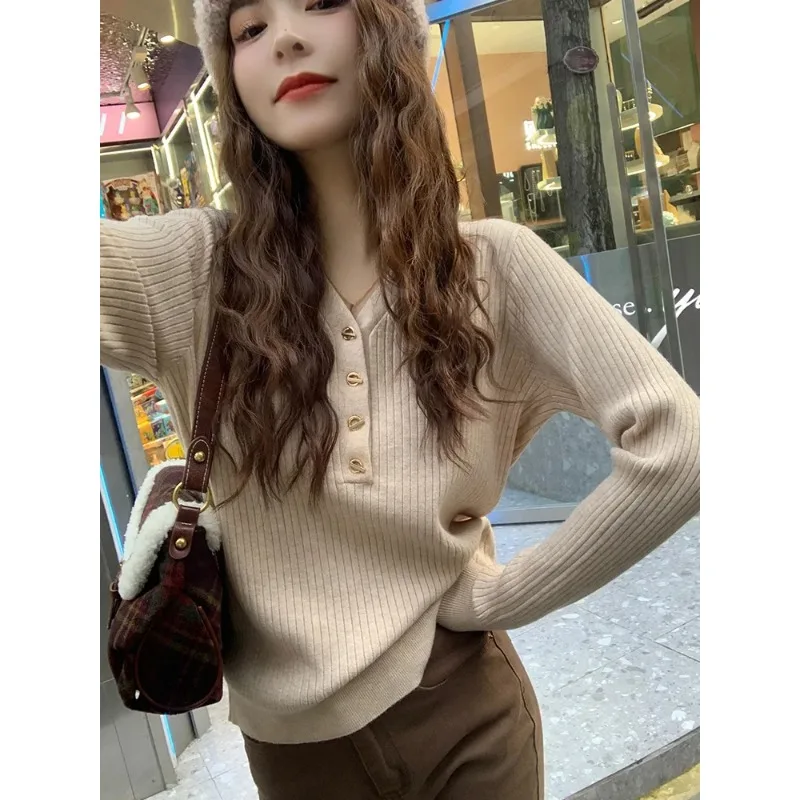 الموضة الكورية الخامس الرقبة بلون طويلة الأكمام المرأة محبوك قاعدة سترة الخريف والشتاء جديد بسيط بلوزة كاجوال القمم