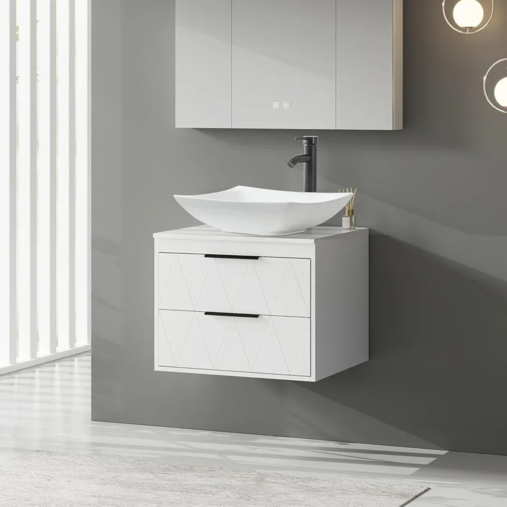 

24" Bathroom Vanities Cabinet with Sink Combo, Wall Mounted Floating Cabinet w/Decor Lines, White Curved Ceramic Vessel Sink