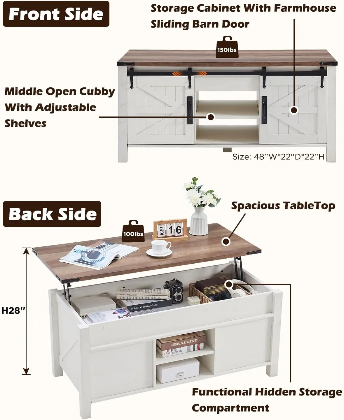 48" Farmhouse Lift Top Coffee Table with Sliding Barn Door,Rustic Center Table with Hidden Storage Compartment