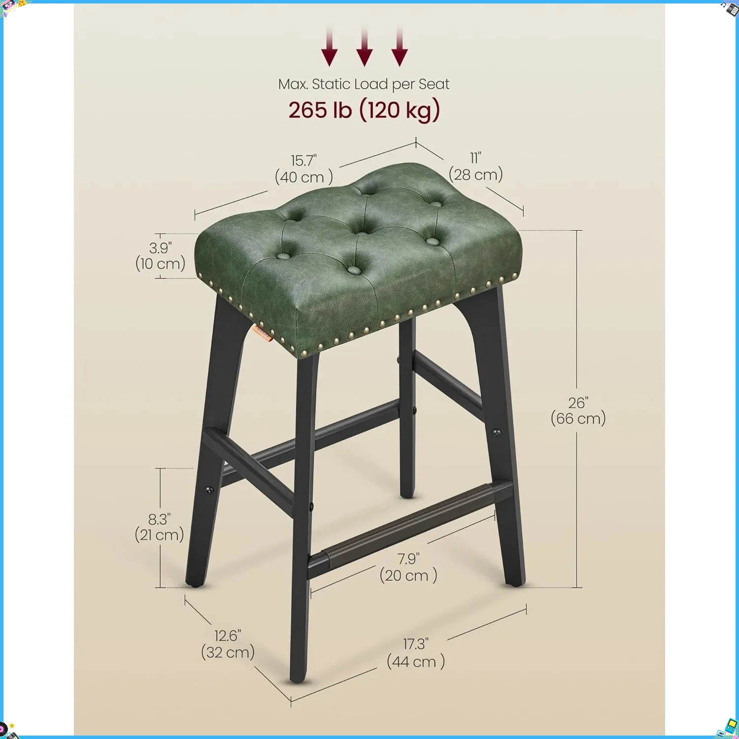 Juego de taburetes de bar verdes de 26 ", taburetes con montura de patas de madera sin respaldo, taburetes de altura para mostrador de cocina que ahorran espacio para espacios pequeños