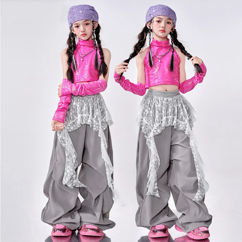 2025 Nouveau Kpop Jazz Dance Outfit Filles Défilé De Mode Costume De Scène Rose Débardeur Gris Ligne Pantalon De Danse Cool Street Dancewear 2181