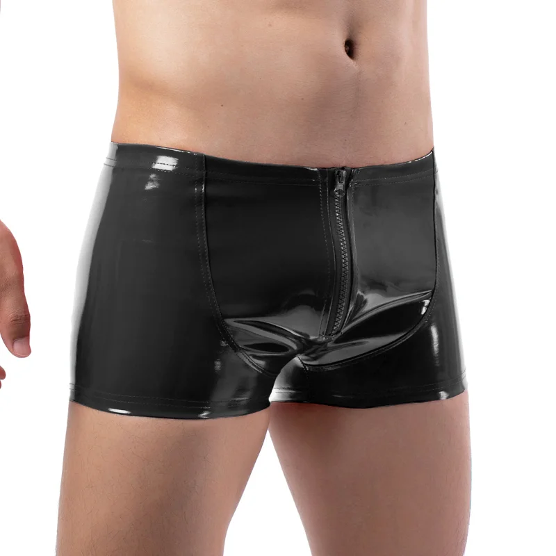 Sexy Mens Soft Underwear Faux Leather Zipper Boxers Underpants Male Comfortable Gay Panties Bulge Pouch Boxer Shorts Man Wetlook