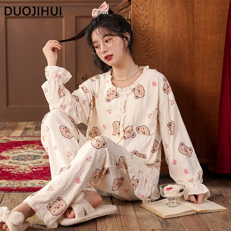 DUOJIHUI-Pyjama à Manches sulfet Col Rond pour Femme, Ensemble Chic, Imprimé Doux, Cardigan, Pantalon Simple, à la Mode, Nouvelle Collection Automne