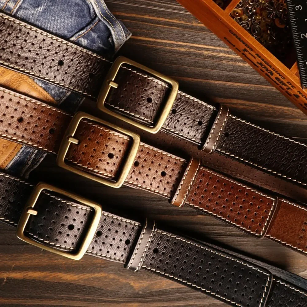 Retro British Style Hand Embroidered Top-grain Leather Stitching Belt Punching Holes Sewing Design Solid Brass Buckle for Men