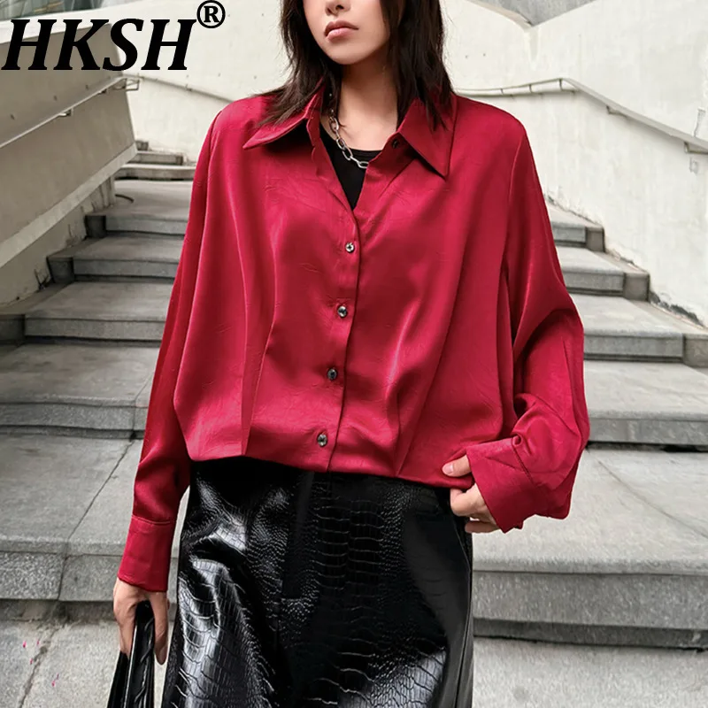 

Женская шикарная короткая рубашка HKSH с отложным воротником, длинными рукавами, на одной пуговице, плиссированная, в корейском стиле, ретро-топ, новинка весны HK19706