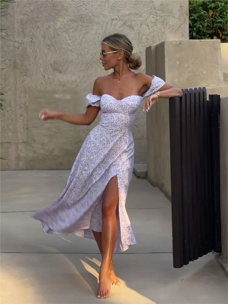 Women's Off Shoulder Flower Print Dress Summer Fashion Slit Slim Long Dress Sexy Strapless Backless Lace-up Party Dresses Female