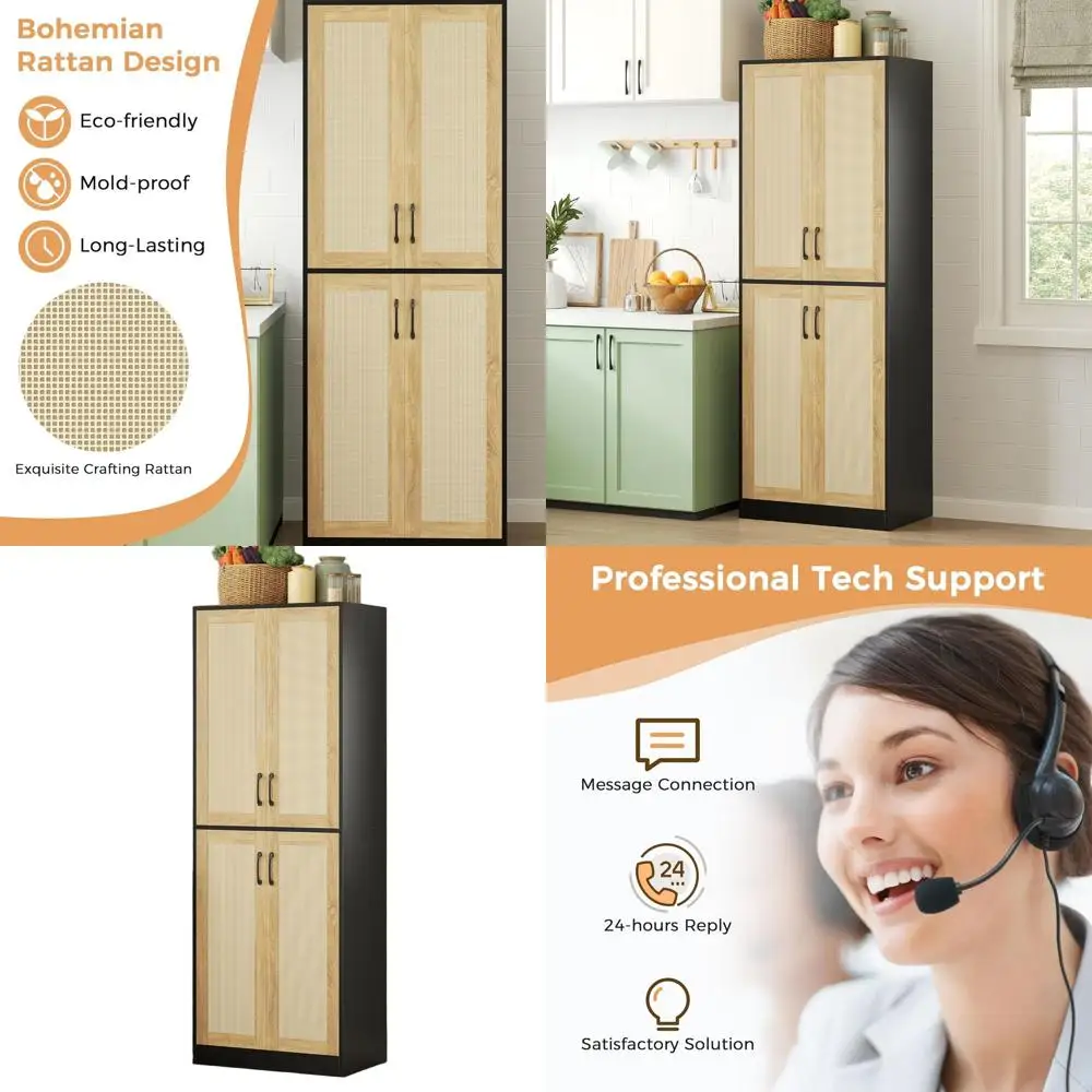 

Высокий шкаф для хранения из ротанга (67 см) с дверцами, регулируемыми полками для небольших помещений, подходит для прачечной, ванной и кухни