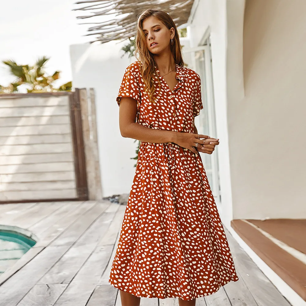 

Summer ladies' short-sleeved dress waist-back vintage long skirt polka dot printed leisure holiday skirt bohemian beach skirt