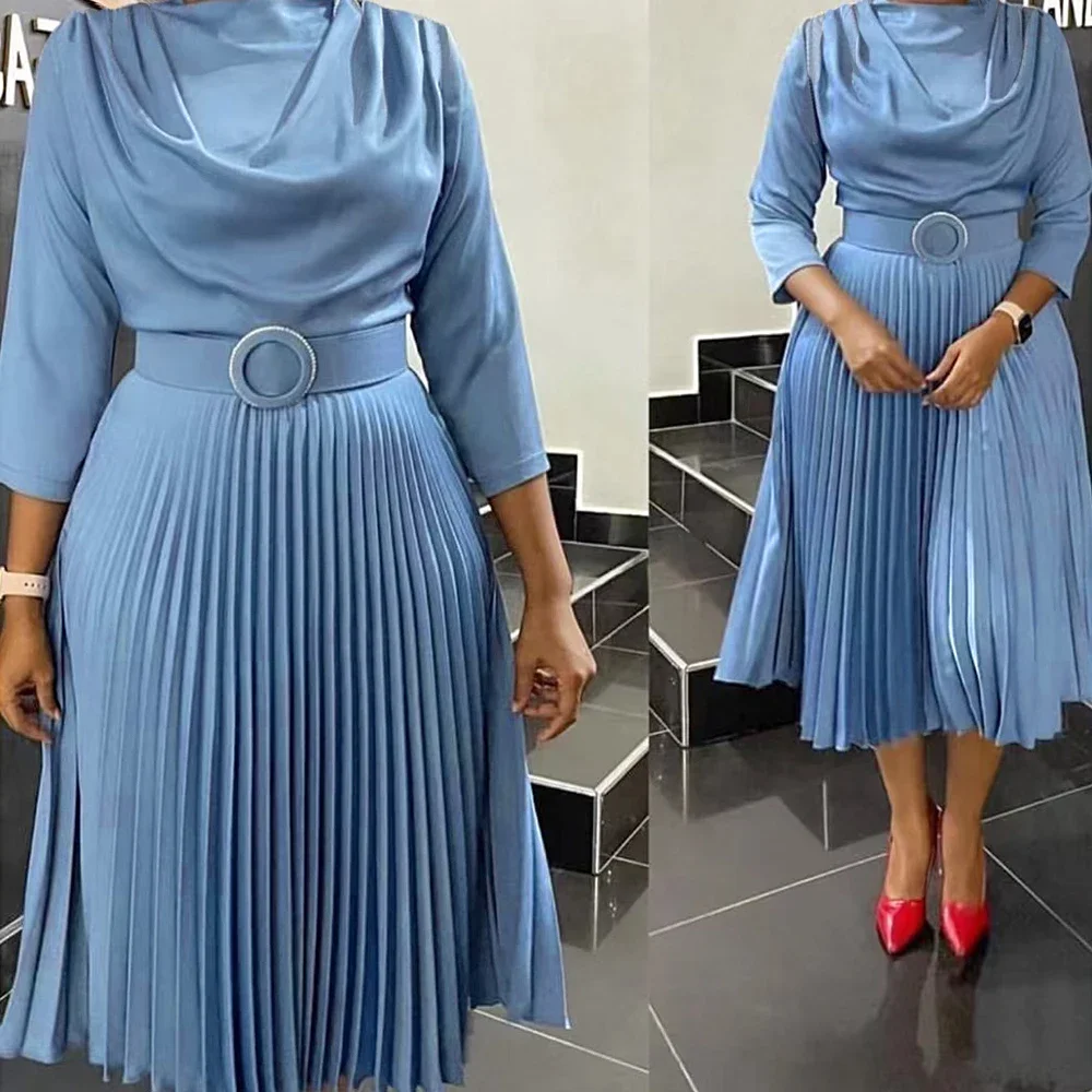 Elegant Women O-neck Pleated A-line Dress 2024 Spring 3/4 Sleeve Party Dresses with Belt African Dresses Robe De Soiree