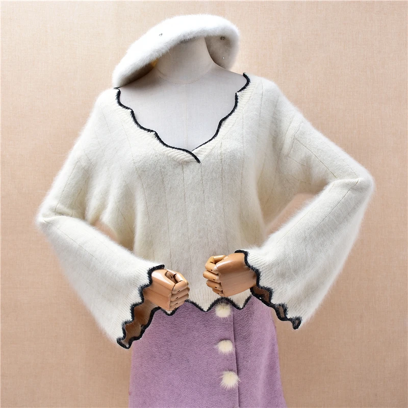 

Ladies Women Autumn Winter Beige Hairy Angora Rabbit Hair Knitted V-Neck Long Flare Sleeves Crop Top Loose Pullover Sweater Pull