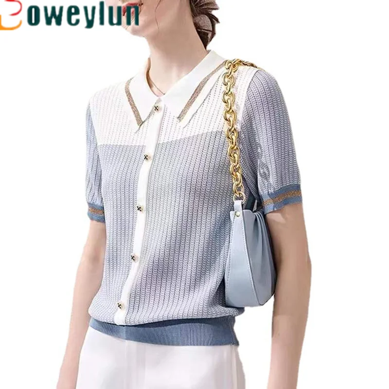 

Boweylun Commuter Color Collision Hollow Out Lapel Knit Shirt T-shirt Women Ice Silk Polo Collar Short-sleeved Blouse Female