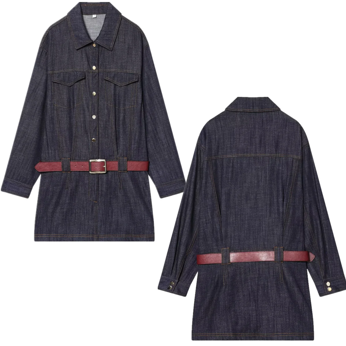 

Jenny&Dave French Minimalist Denim Dress Commuter Shirt Style Dress Belt Navy Mini Dress Elegant Party Dresses Vestidos Womens D