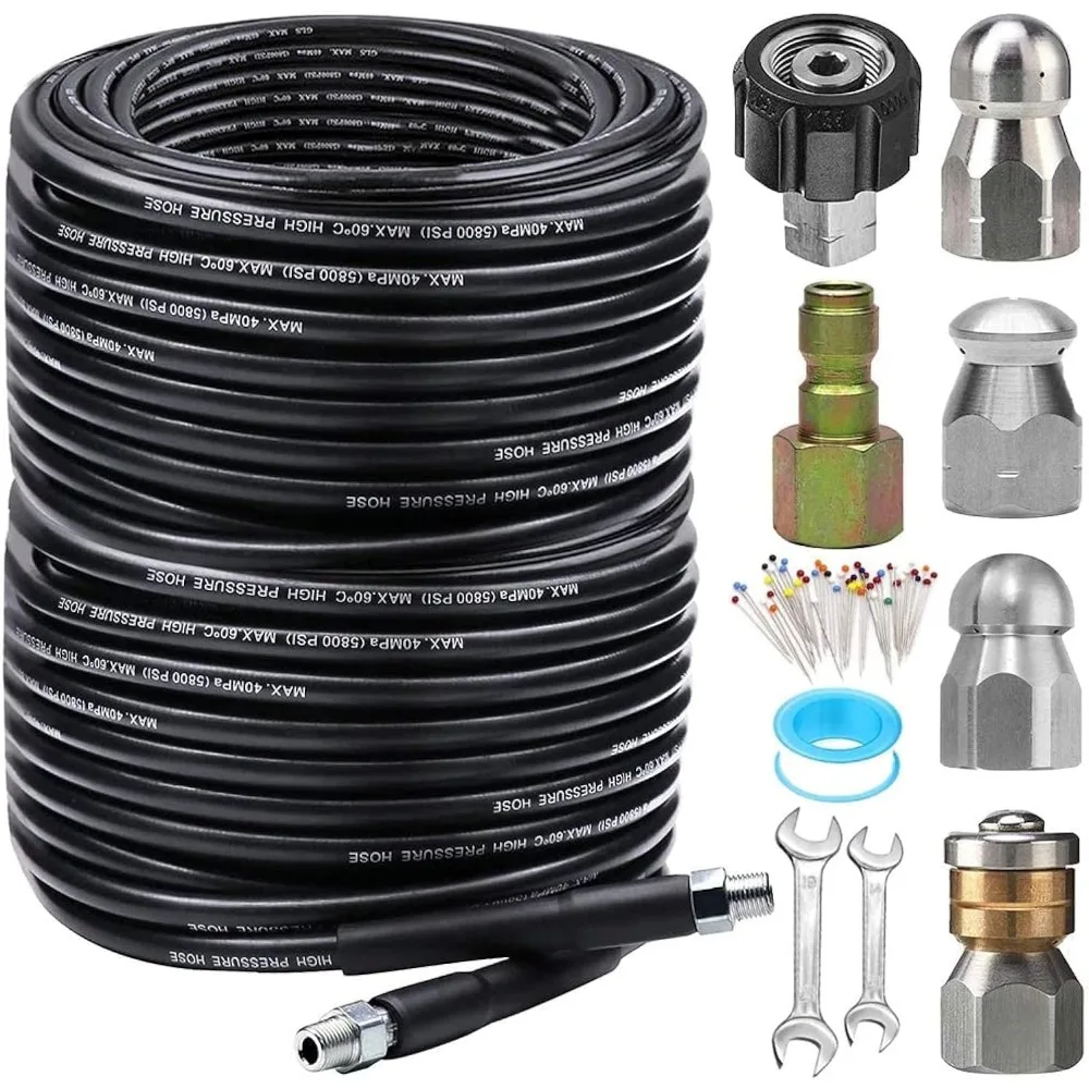 

200FT Sewer Jetter Kit for Pressure Washer, 5800PSI Drain Cleaner Hose 1/4 Inch NPT Corner, Rotating and Button Hose Sewer Jetti