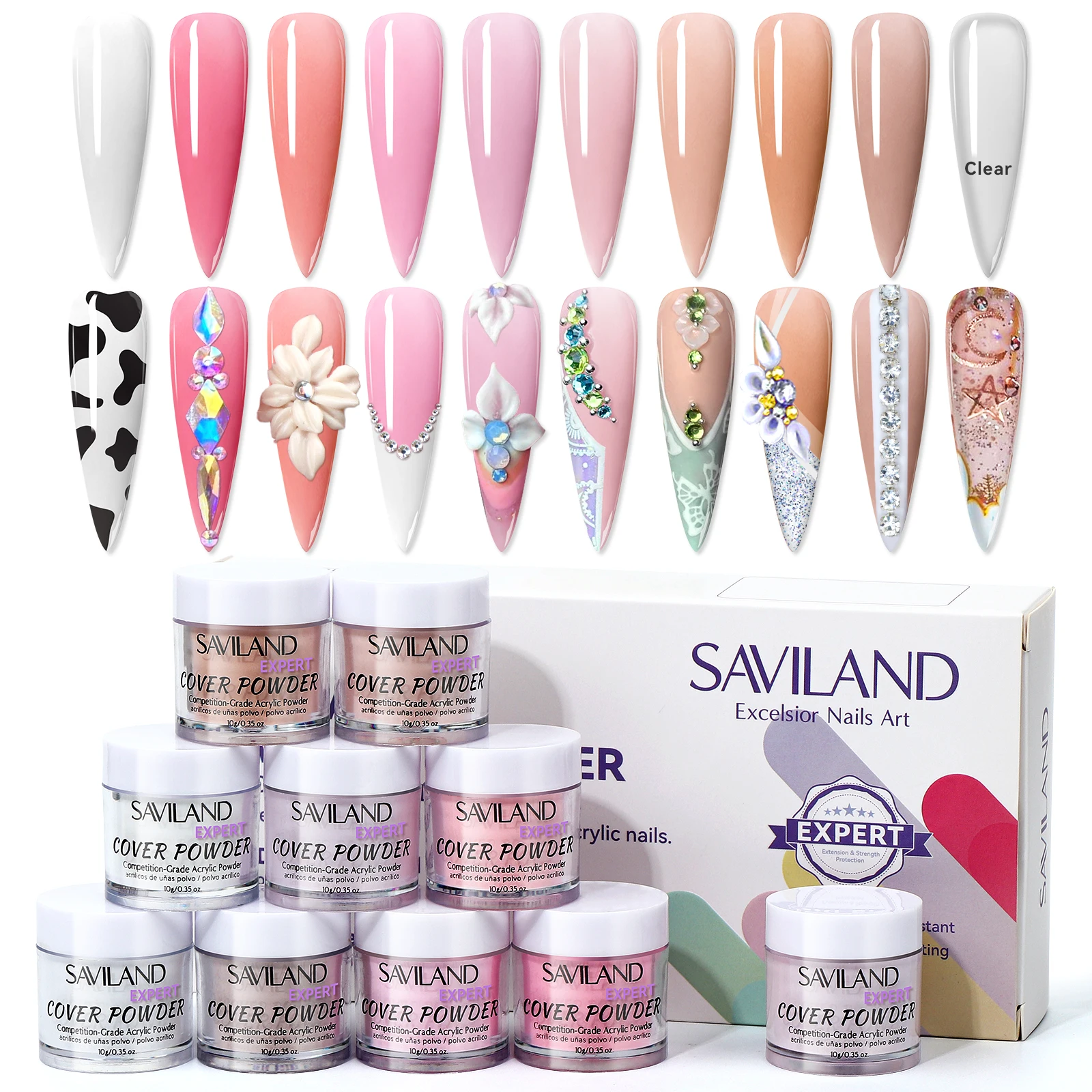 SAVILAND Acryl Nagelpoeder Set Keratine Professionele Heldere Nudes Roze voor Nagelverlenging 3D Nail Art Sneldrogende Salon 10G * 10
