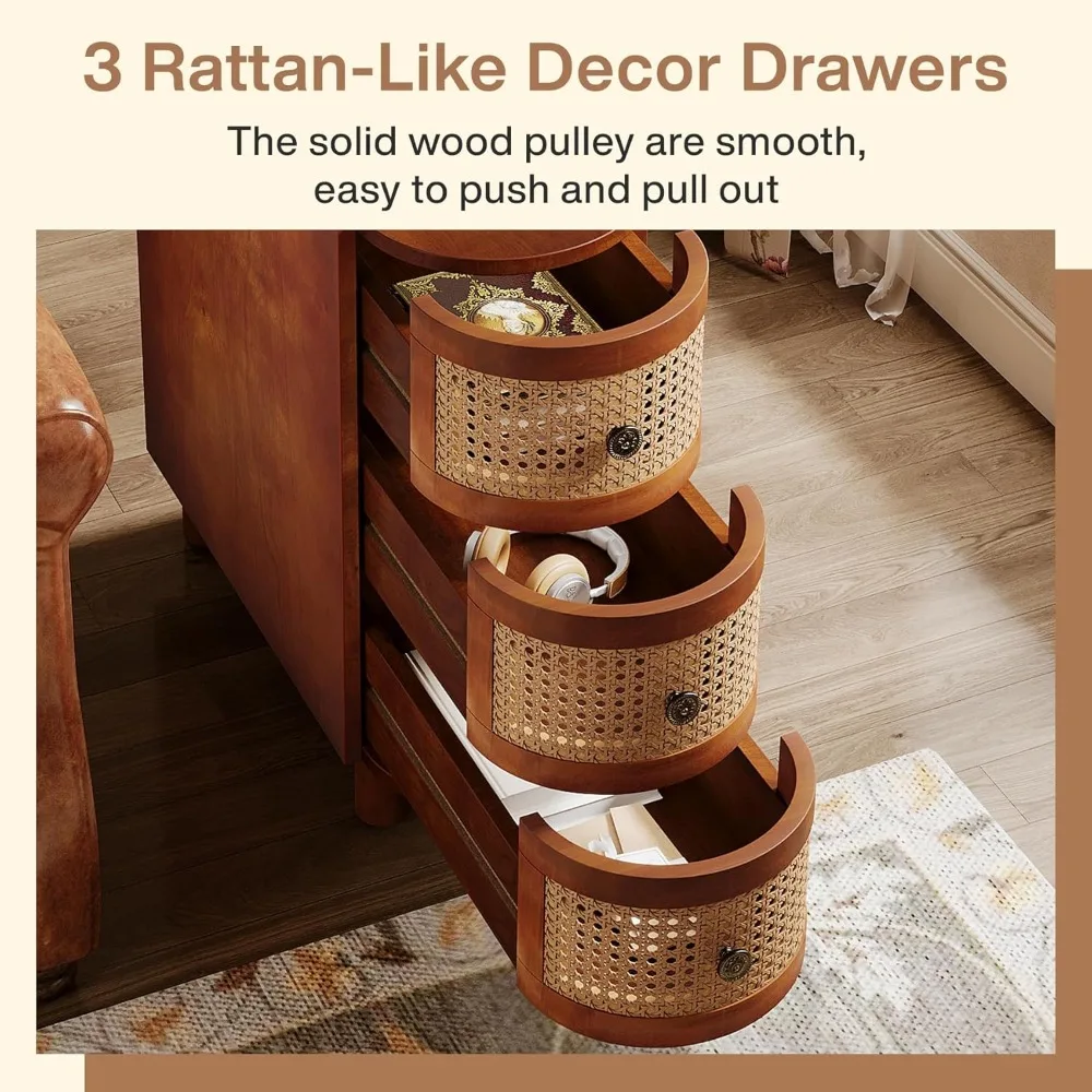 Vine ベッドサイドテーブル、頑丈な構造、多機能、レトロなエンボスハンドル付き、ウォールナットとオークのベッドサイドテーブル