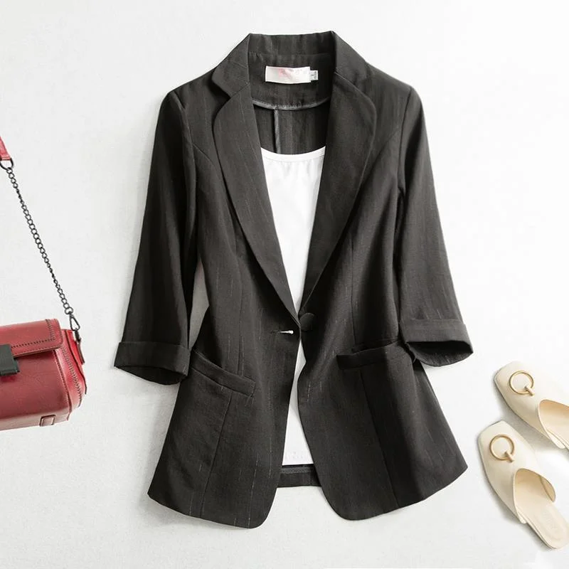 2025 New Women's Blazer Jacket Solid Color Black Cotton Fabric Loose Oversize Coat Fashion New Spring Summer Jackets