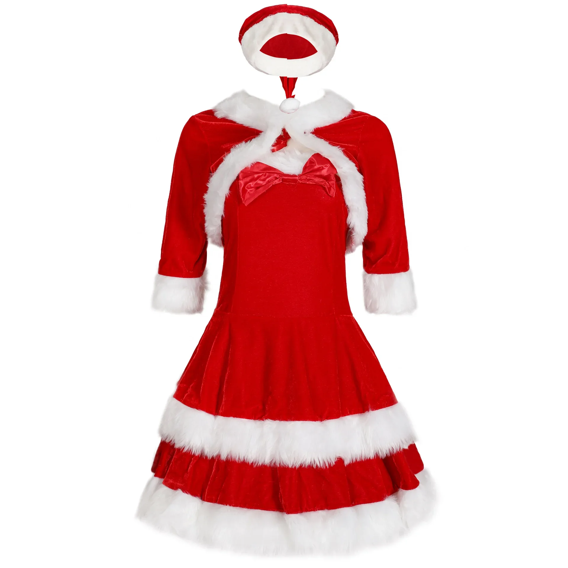 ZAWALAND Abito natalizio rosso sexy Costume cosplay Abito da donna Cappello da Babbo Natale Abito natalizio Scialle Abbigliamento da palcoscenico per feste Uniforme da donna