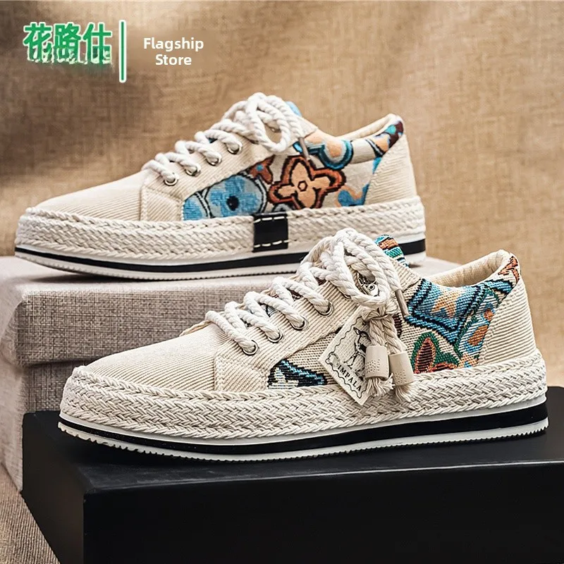 Men's Canvas Shoes Breathable Linen Sports Casual Low Top Glue-Welded Rubber Outsole Comfortable Soft Bottom Sneakers