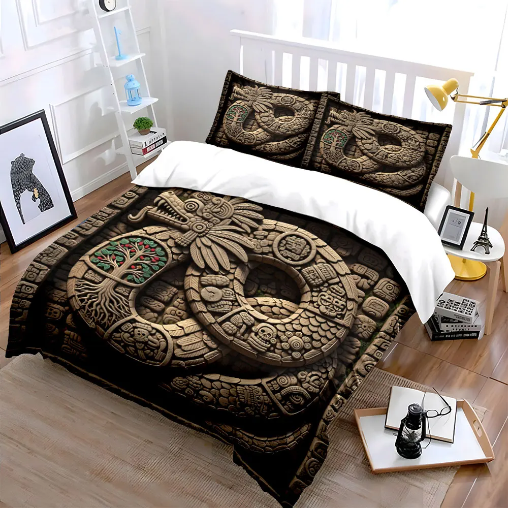Mayan Feathered Serpent Stone Carving Bedding Set for Kids Luxury Gift 3pcs Digital Print Comforter Set Soft Comfortable