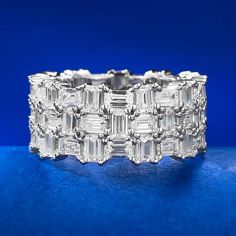 High grade diamond rectangular zircon fire color treasure ring with feminine temperament and micro diamond zircon ring