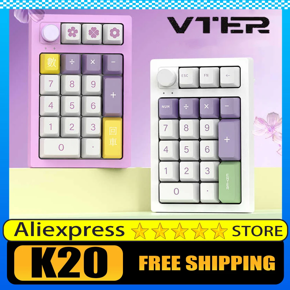 VTER K20 Mechanical Keyboard Multi-function Knob Bluetooth Three Mode Mini Keyboard Numpad RGB Office Gifts PC Gamer Accessories