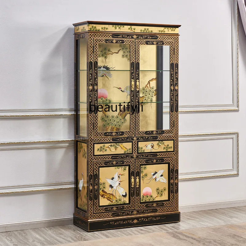 Luxurious Gold Leaf Bookcase with Light Solid Wood Glass Display Cabinet Songhe Yannian Chinese Style Painted Furniture