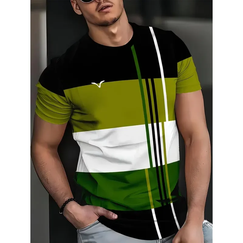 3D Digital Print Men T Shirt 2026 Summer Color Block Striped Tee Black Green White Patchwork Vertical Stripe Minimal Logo