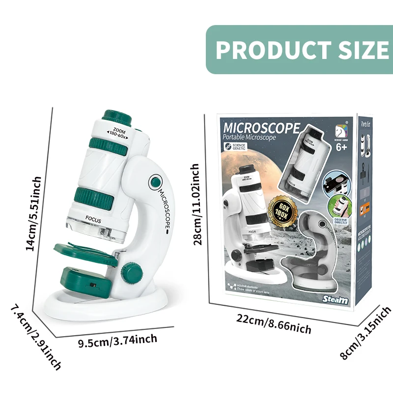 SCIENCEHORSE Portable Children's Microscope with Stand and Top/Bottom Light, Zoom 60x-180x, Handheld Mini Microscope, Dp Stand M
