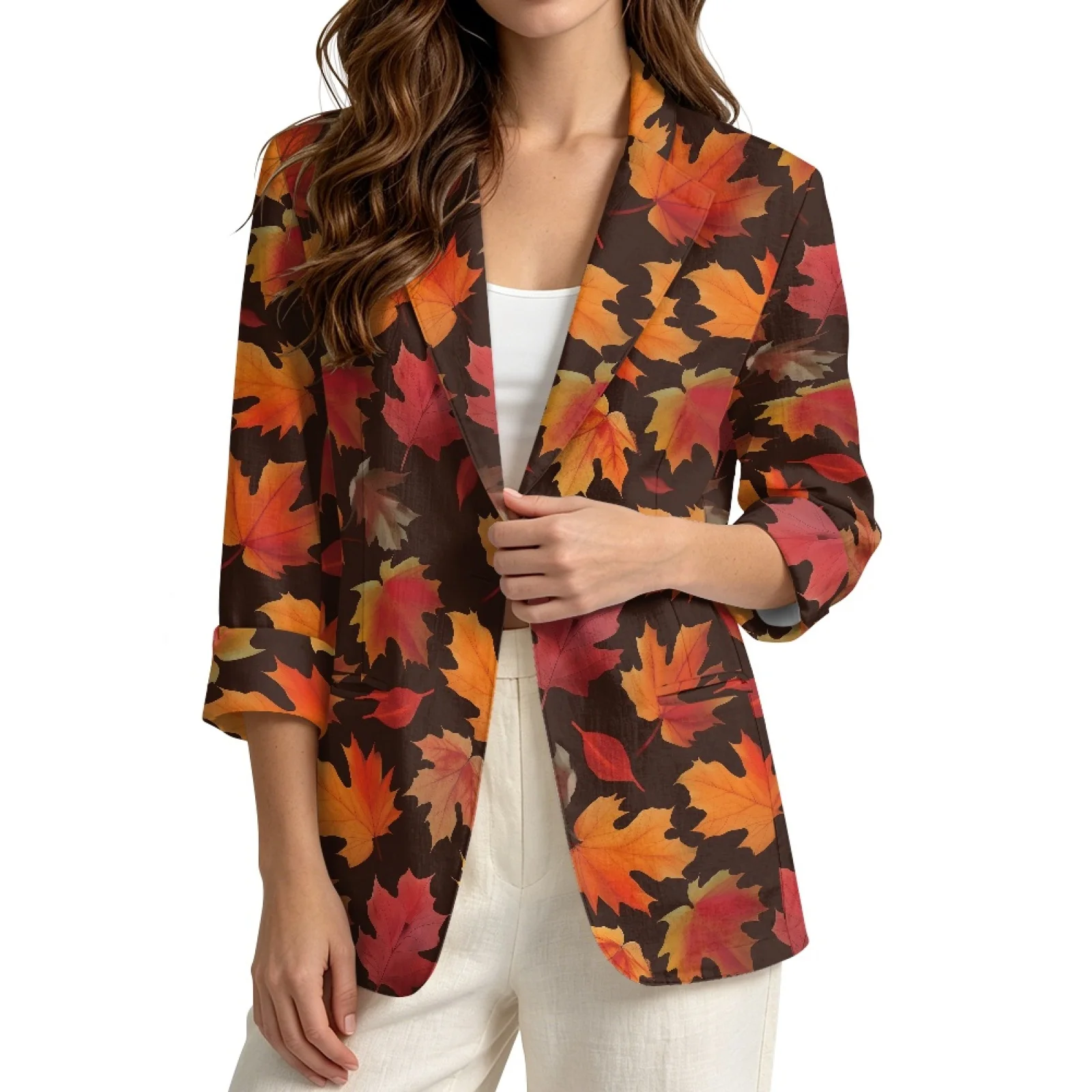 PENSTROLL Maple Leaf Design Loose Outerwear for Women Linen Style Beach Cover Up Cardigans