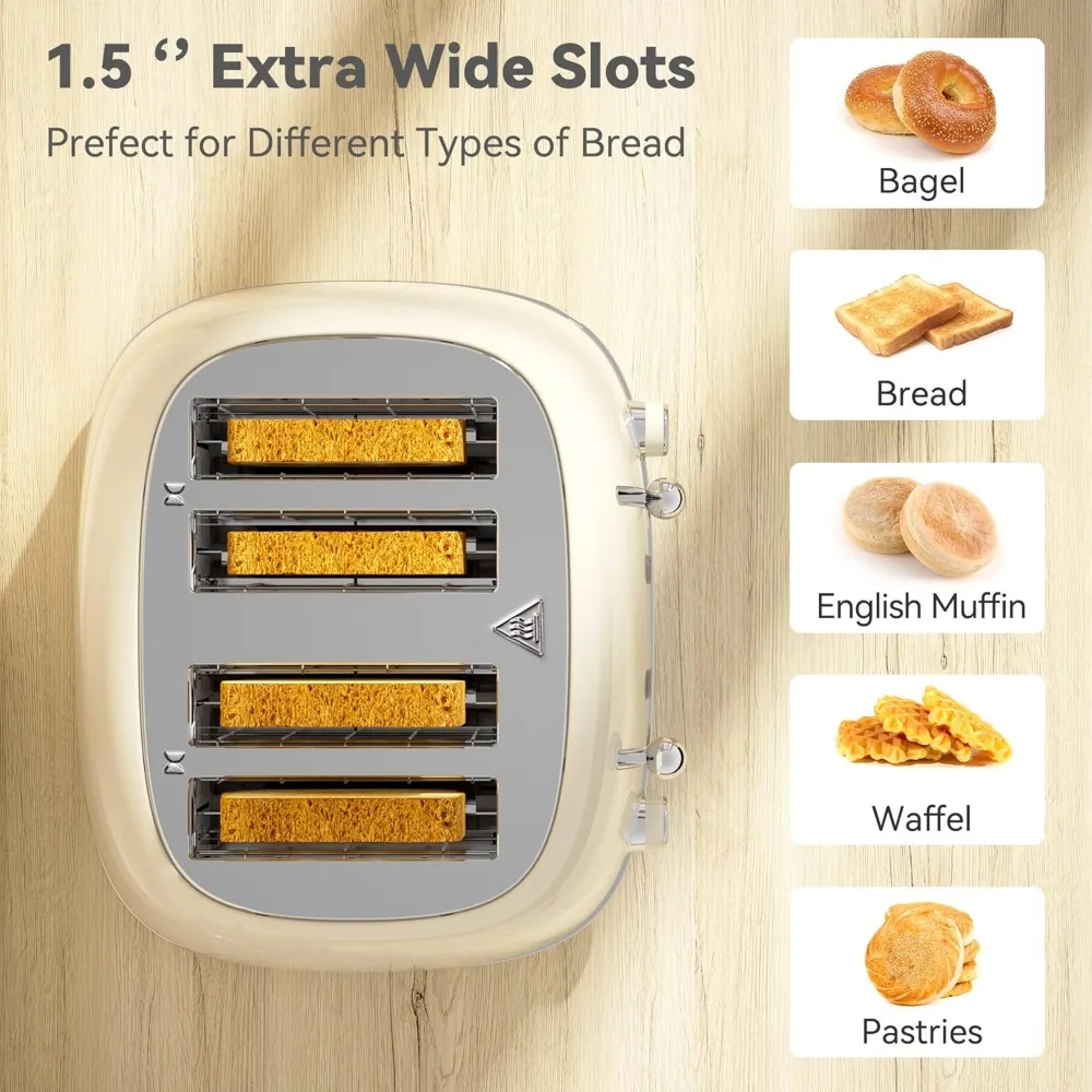 Tostadora de 4 rebanadas con 6 configuraciones de sombra de pan, tostadoras de ranuras anchas de 1,5 pulgadas con funciones de cancelación/descongelación/recalentamiento, tostadora inoxidable