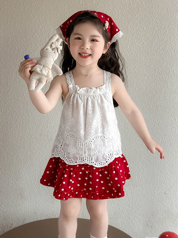 Summer Faionable Girls Small Red Hat Musoom Piing Cute Girl Embroidered Hooked Flower Polka Dot Skirt Pants Tee Piece...