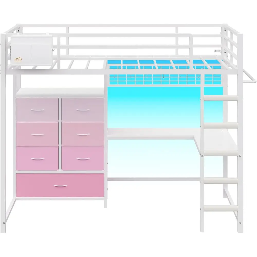 

Twin Size Metal Bed with L-Shaped Desk, 7 Drawers, LED Lights, Charging Station, Safety Rail, Ladder, White & Pink, No Box Sprin