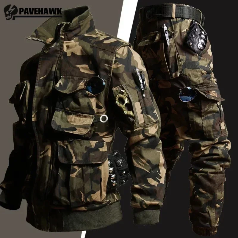 Tactical Cargo Sets Mens Soft Shell Multi-pocket Camouflage Hunting Suit Outdoor Hiking Training Combat Charge Two-piece Set