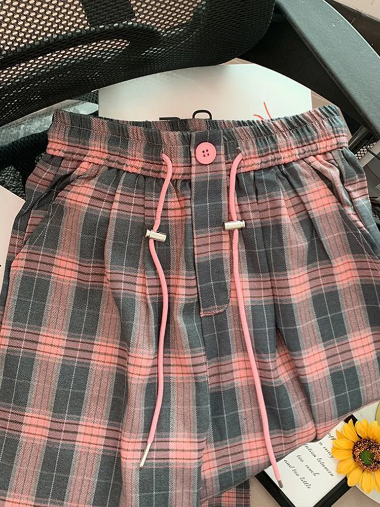 Retro roze geruite broek dames hoge taille casual Koreaanse zoete wijde pijpen broek herfst winter losse vrouwelijke hoge kwaliteit elegante broek