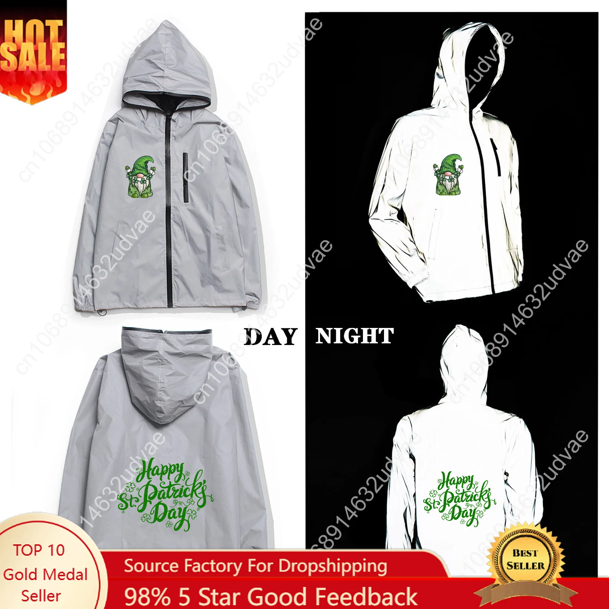 

Lucky Shamrock Custom Reflective Jacket Mens Womens Coat Hooded Windbreaker Run Jackets Cycling Hiking Zipper Custom Hoodie