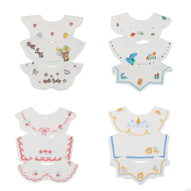 63HE 3 Pcs 360 ​​° Rotate Baby Feeding Drool Bibs Embroidery Saliva Towel Burp Cloth