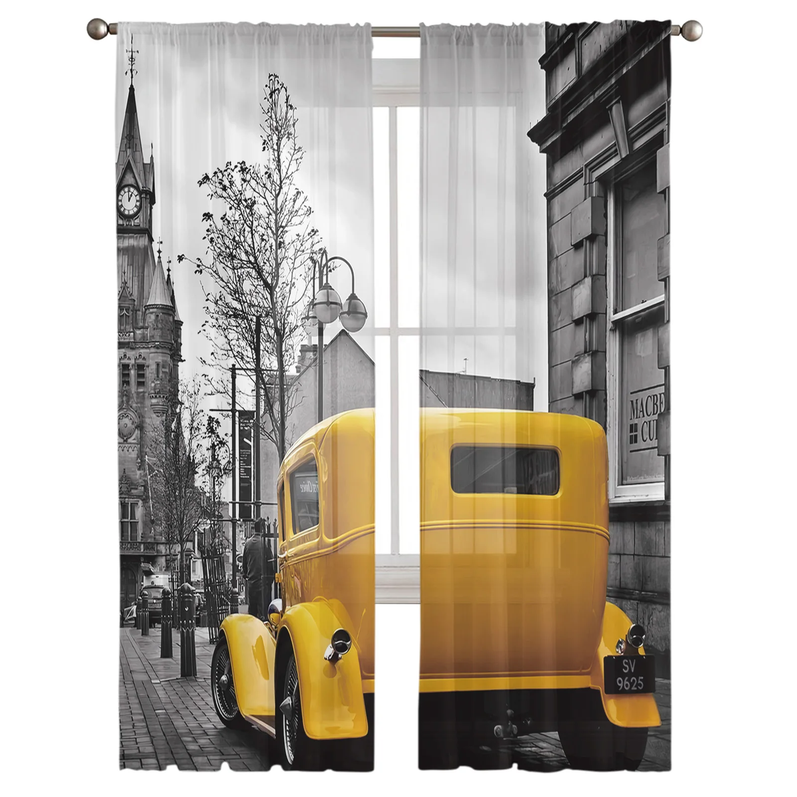 Partial Color Yellow Car Street Living Room Tulle Curtains Bedroom Kitchen Voile Organza Curtains Modern Sheer Curtains