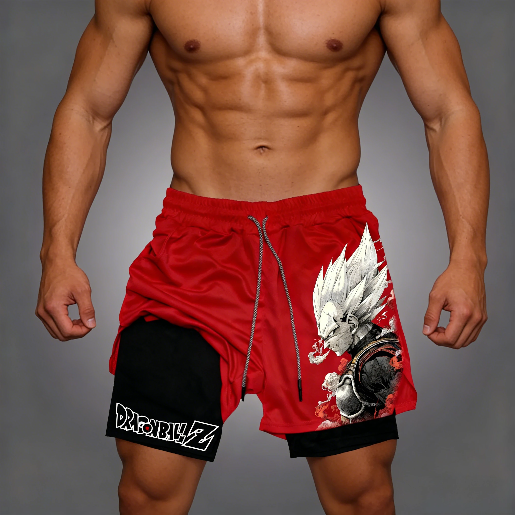 2026 Sommer Dragon Ball Herren-Shorts, Doppelte Zwei-in-Eins-Shorts, Son Goku Bedruckt, Schnelltrocknend, Fake-Two-Piece Familien-Sportshorts