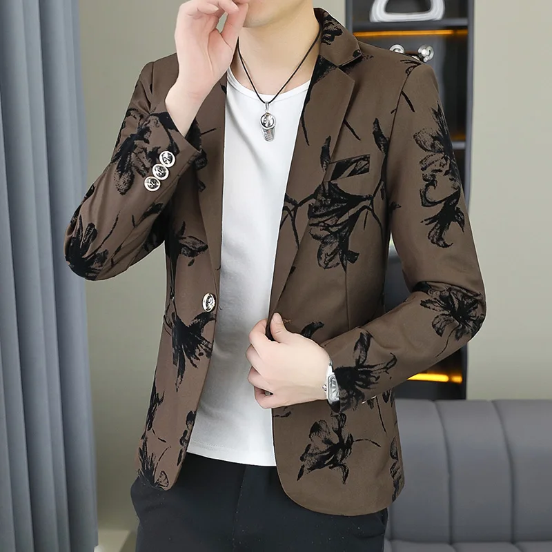 

Модный молодежный мужской приталенный пиджак на одной пуговице, повседневная верхняя одежда с длинными рукавами и цветочным узором для весны и осени