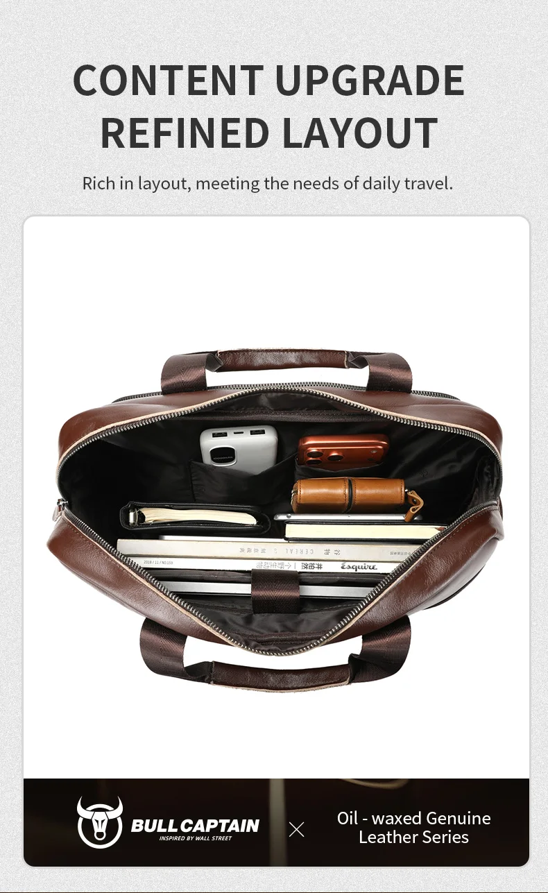 BULLCAPTAIN Men's Briefcase Bag Top Layer Leather Handcrafted Laptop Bag with Multiple Compartments Business Shoulder Messenger